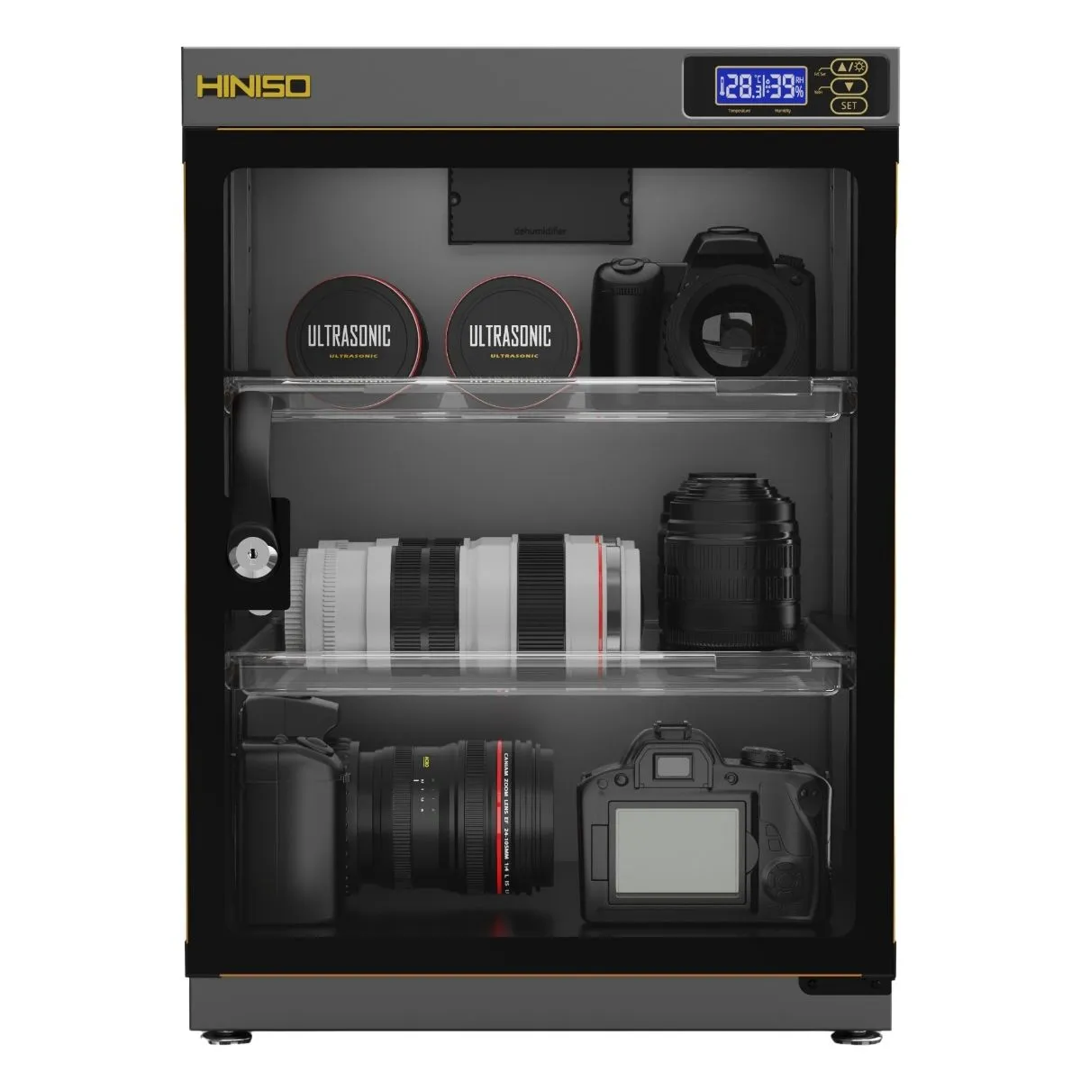 Dry box Hiniso AD-70S com câmeras e lentes nas prateleiras